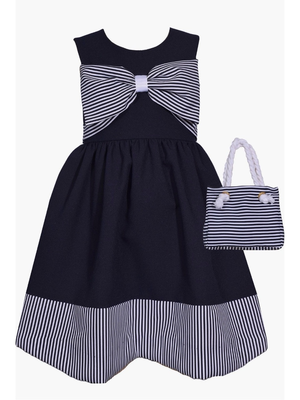 ✅NEW “Iris & Ivy” Navy Striped Bow-Accent Kids Dress with Matching Bag (Toddler)